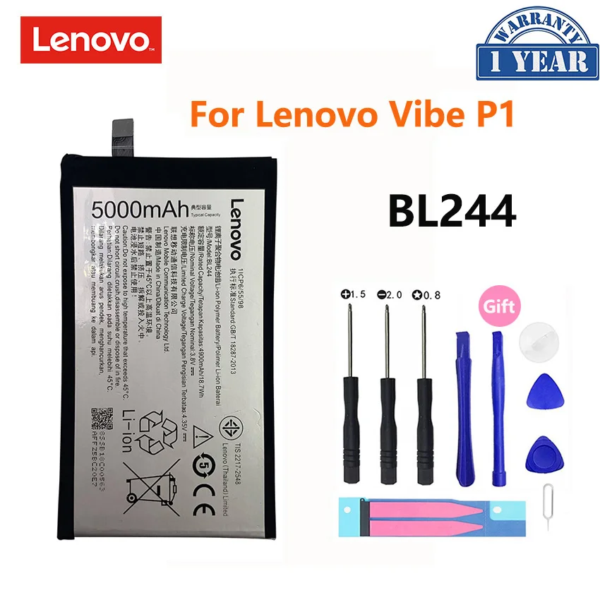 

100% Оригинальный BL244 5000 мА/ч, батарея для Lenovo Vibe P1 P1A42 P1C58 P1C72 li-ion аккумулятор, Мобильный телефон батареи Bateria Akku