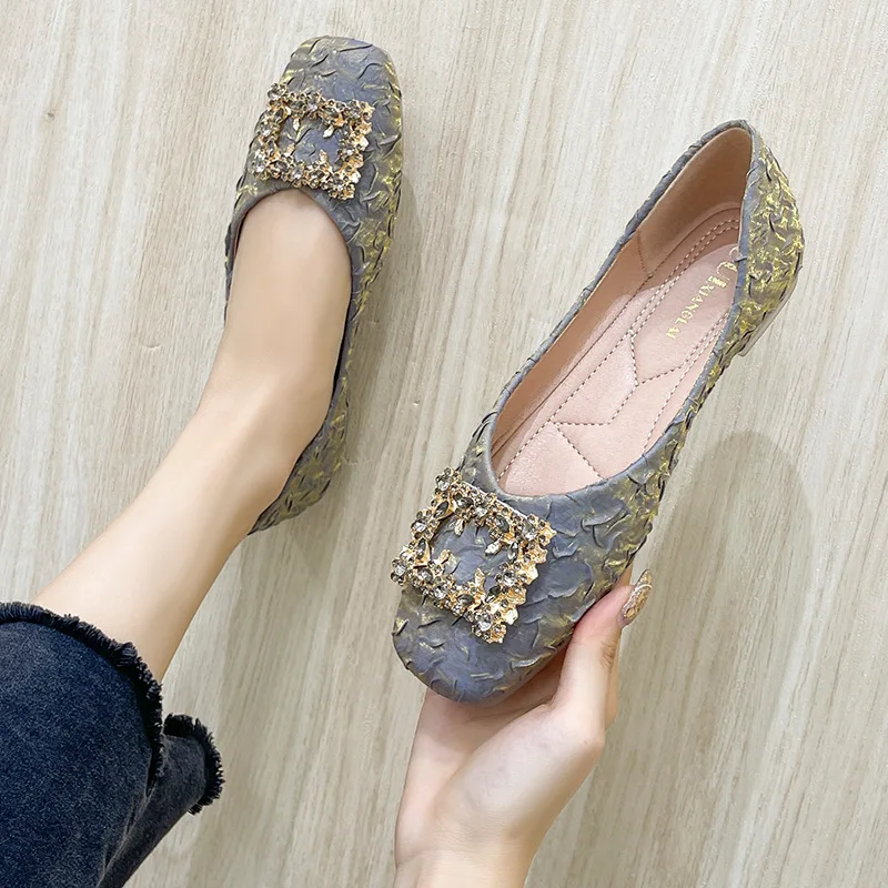 High Quality Rhinestone Buckle Women Ladies Comfortable Ballet Fashion Slip on Shallow Loafers Office Flat Boat Shoes