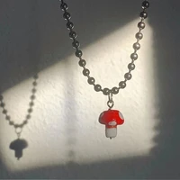 cute harajuku style red mushroom pendant beads chain necklace for women girl charm jewelry accessories