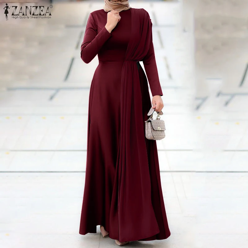 Кафтан с длинным рукавом Элегантное повседневное хиджаб платье исламский оверсайз халат ZANZEA женский весенний стильный Однотонный сарафан ...