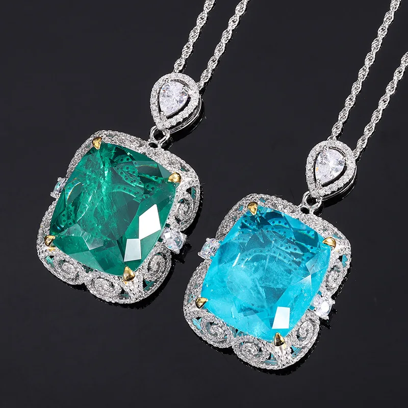 

Lind Jewelry S925 Silver Hot Sale Simulation Emerald Paraiba Fat Long Square Large Pendant Luxury Inlaid 20*23mm Necklace
