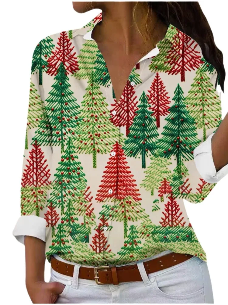 

Elegant Women Shirt Fashion Christmas 3D Print Long Sleeve New Year Button Blouses And Tops Spring Office Lady Blouse Female