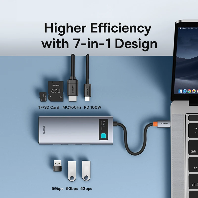 Фото 【Быстрая доставка】USB-хаб Baseus 7-в-1 с поддержкой HDMI 4K 60Hz, USB 3.0 5Gbps, слотами для карт SD и TF, Type-C PD 100W №2