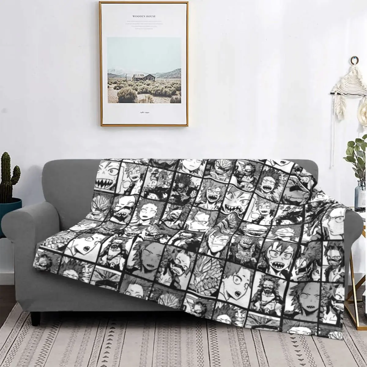 

Kirishima eijirou-manga-Manta negra a cuadros para cama, manta doble para sofá, colchas de verano