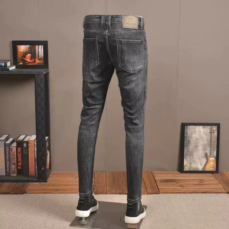 Fashion Streetwear Men Jeans Retro Black Gray Stretch Slim Fit Ripped Jeans Men Patched Pocket Designer Hip Hop Pants Hombre