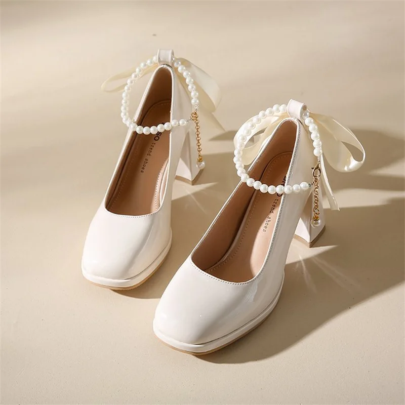 Ladies High Heels Elegant Bow Square Toe Black Fashion Women's Pumps Thick Heel Wedding Party Pearl Lace Wedding Shoes for Women