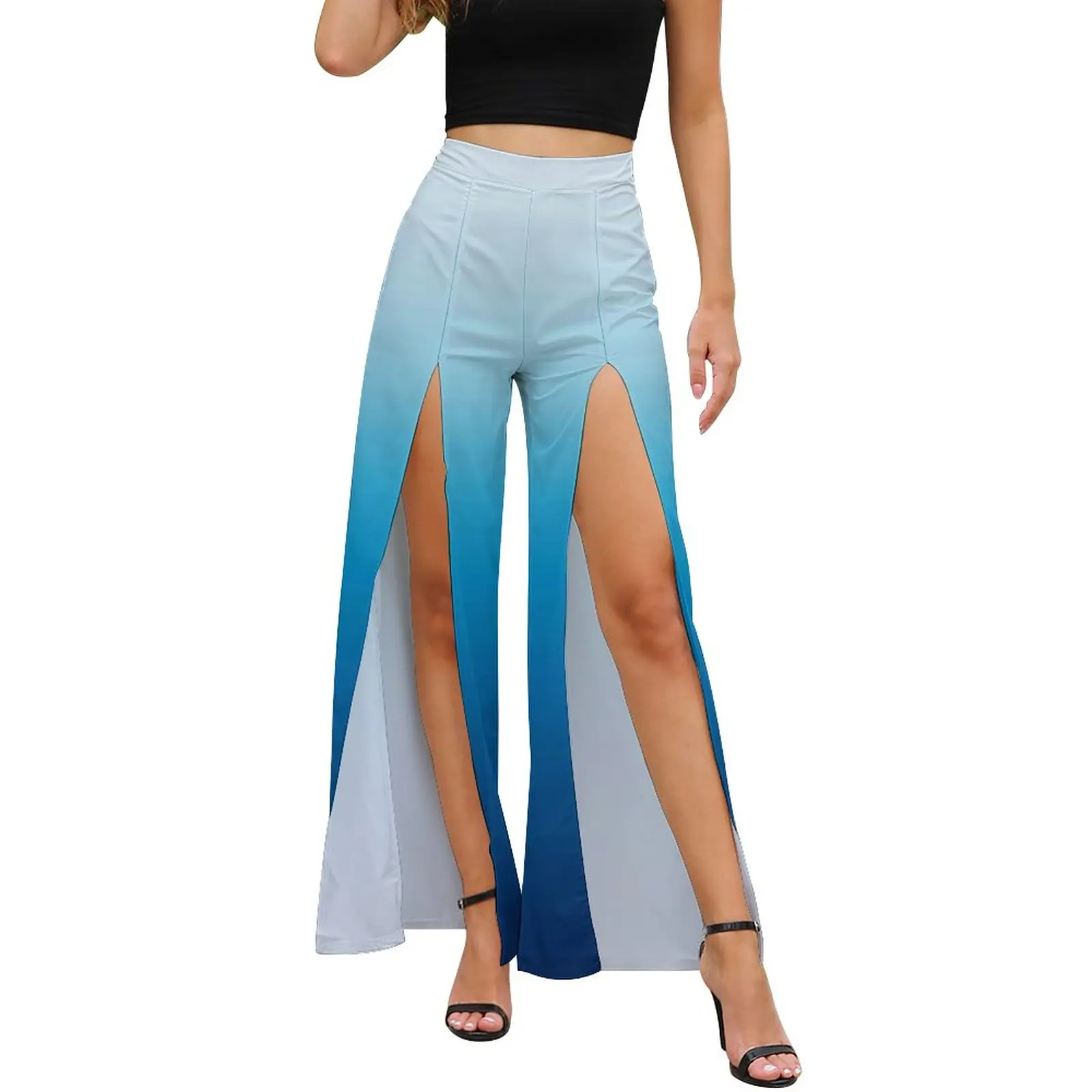 

Sea Ombre Pants Daily Light Sky to Deep Blue Casual Wide Pants Female Slit Aesthetic Printed Trousers