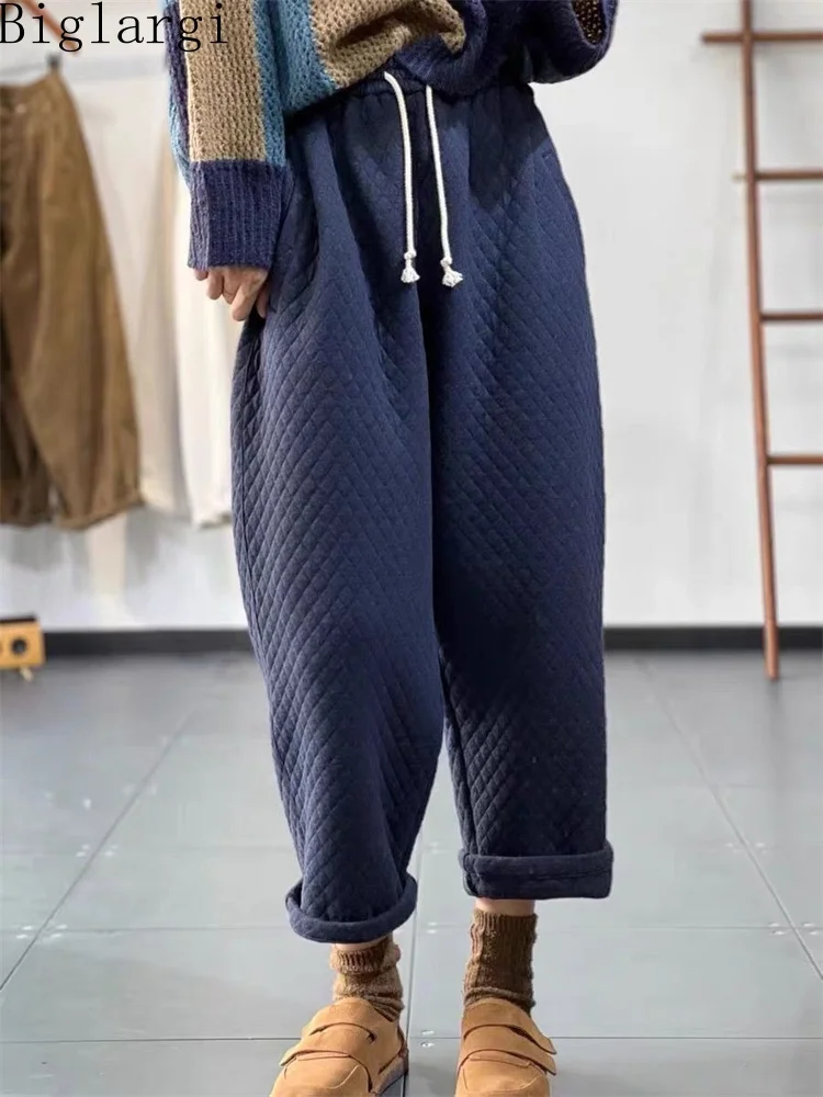 

Брюки-шаровары женские зимние в Корейском стиле, утепленные свободные клетчатые хлопковые штаны с завышенной талией, шикарные повседневные винтажные штаны с хлопковой подкладкой