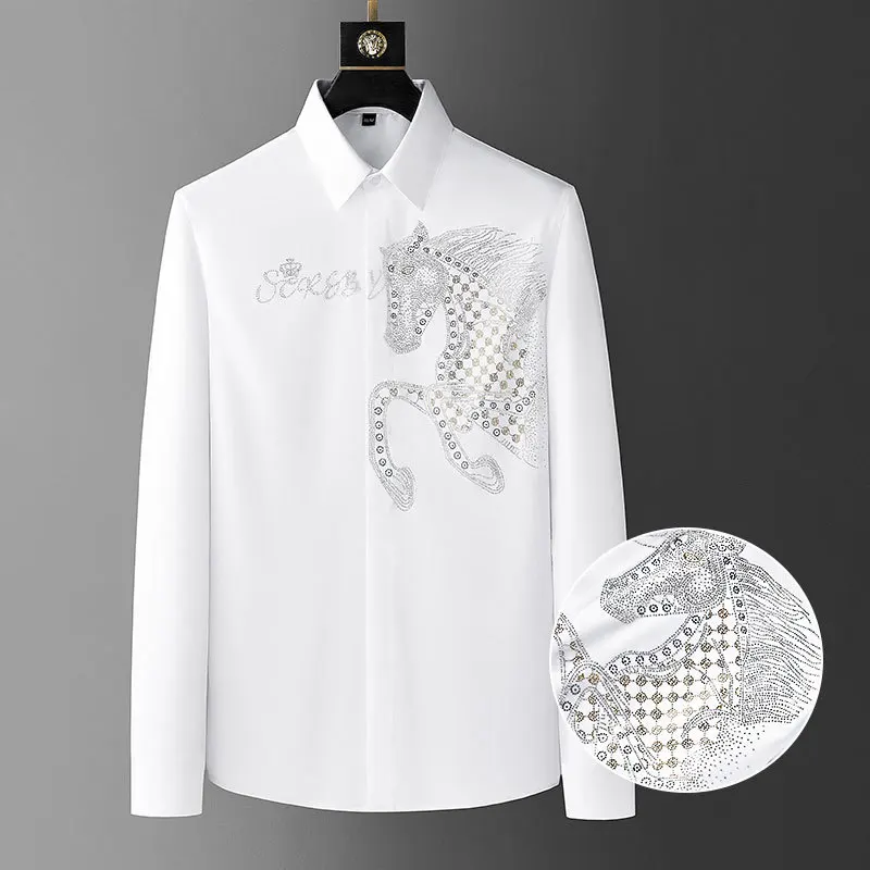 

С животными из стразов Camiseta Masculina, Осенние рубашки для мужчин, костюмы для социальных клубов, брендовая модная популярная мужская рубашка с алмазным принтом