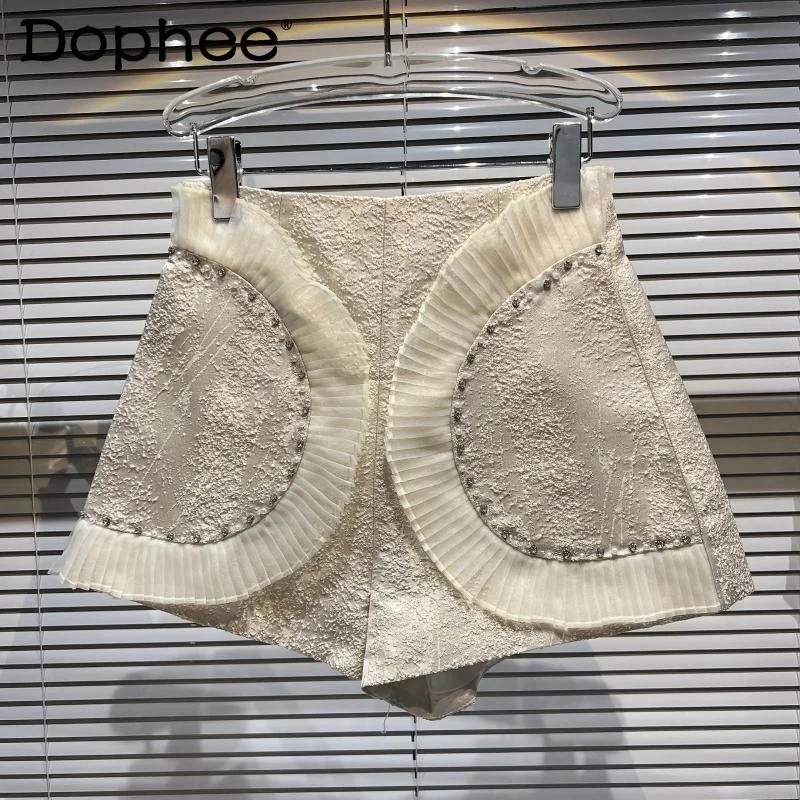 

Women Vintage Rhinestone Beads Pleated Shorts New High Waist Fashion Temperament Spring Summer 2022