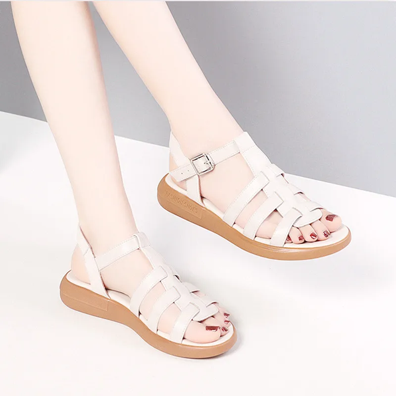 Women's Sandals Genuine Leather 2023 New Flat Roman Sandals Women's Versatile Large Size 41, 42 Sandals Designer Sandals  Shoes