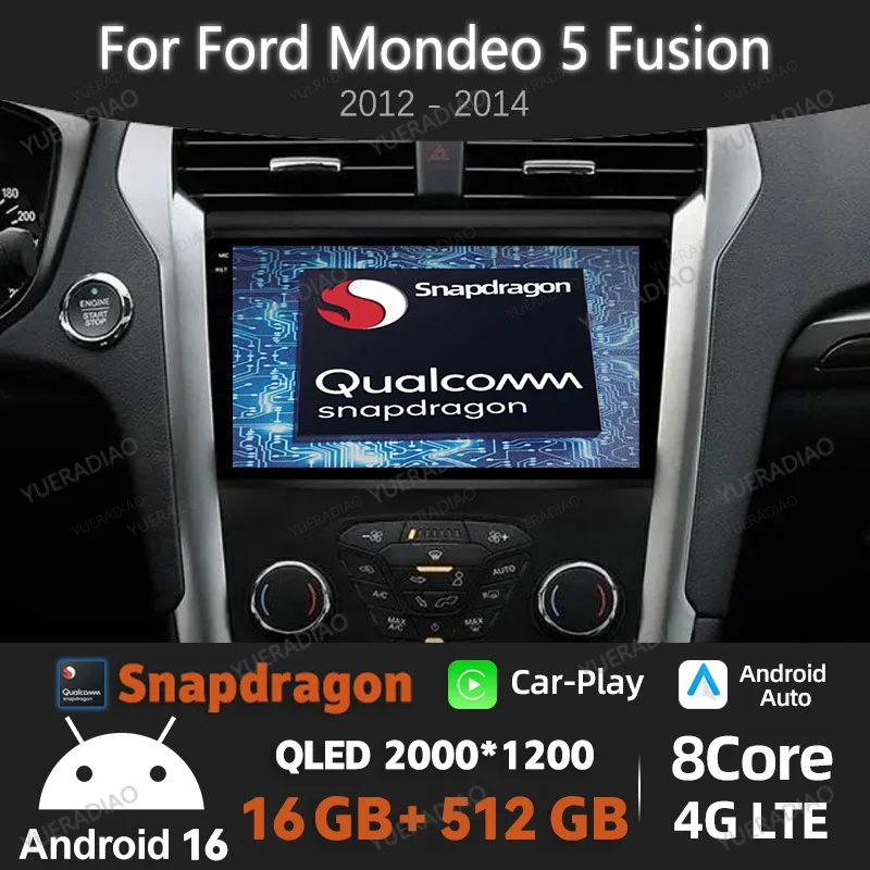 Фото Автомагнитола Android 16 для Ford Mondeo 5 Fusion 2012-2014, мультимедийный видеоплеер Qualcomm 2DIN, головное устройство с BT, 4G, WIFI №1