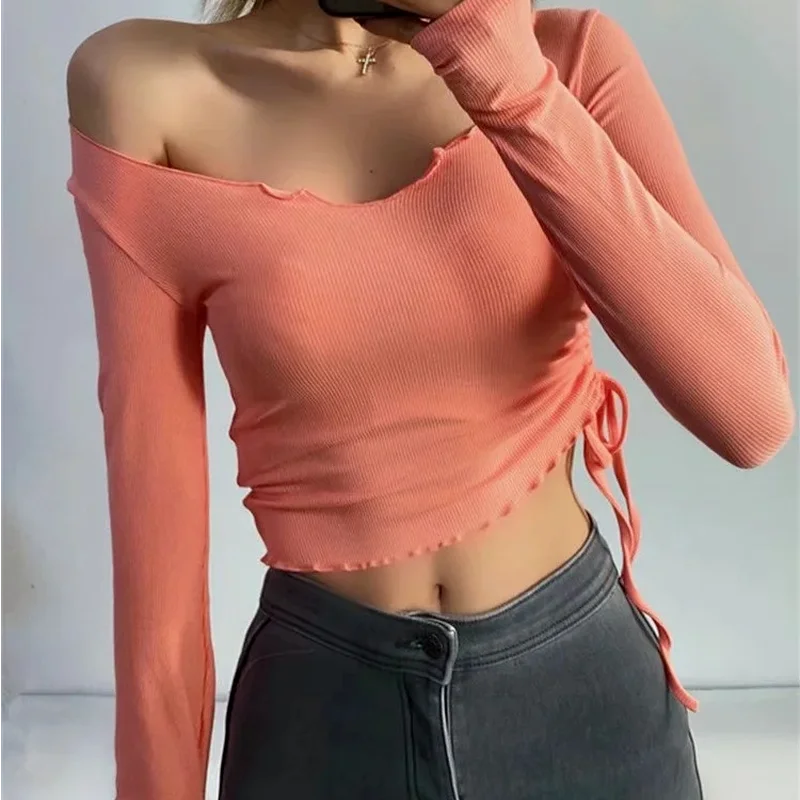 

Весенне-осенняя тонкая и тонкая однотонная эластичная женская футболка с длинными рукавами и кулиской с деревянными ушками