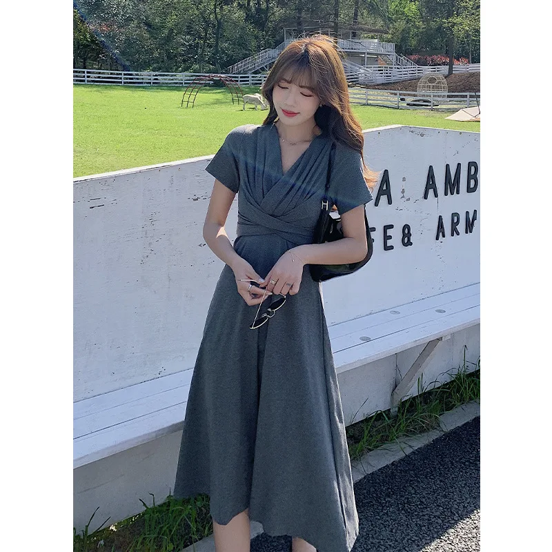 

New Korean Style Sexy V-Neck Solid Color Short-Sleeved Maxi Dress Youthful A-Line Elegant Dress Female Grey Summer Dress