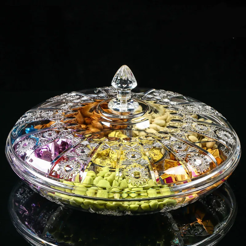 

transparent Acrylic plate fruit basin dry candy dish sugar snack nut peanut food storage can box with Cover plastic trinket tray