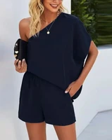 sexy one shoulder shorts set women summer 2022 new fashion loose top pocket detail shorts set casual 2 piece sets
