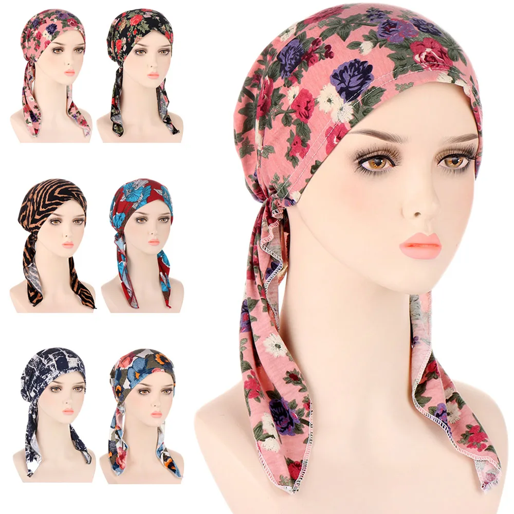 

Womens Muslim Hijab Cancer Chemo Flower Print Hat Turban Cap Cover Hair Loss Head Scarf Wrap Pre-Tied Headwear Strech Bandanas