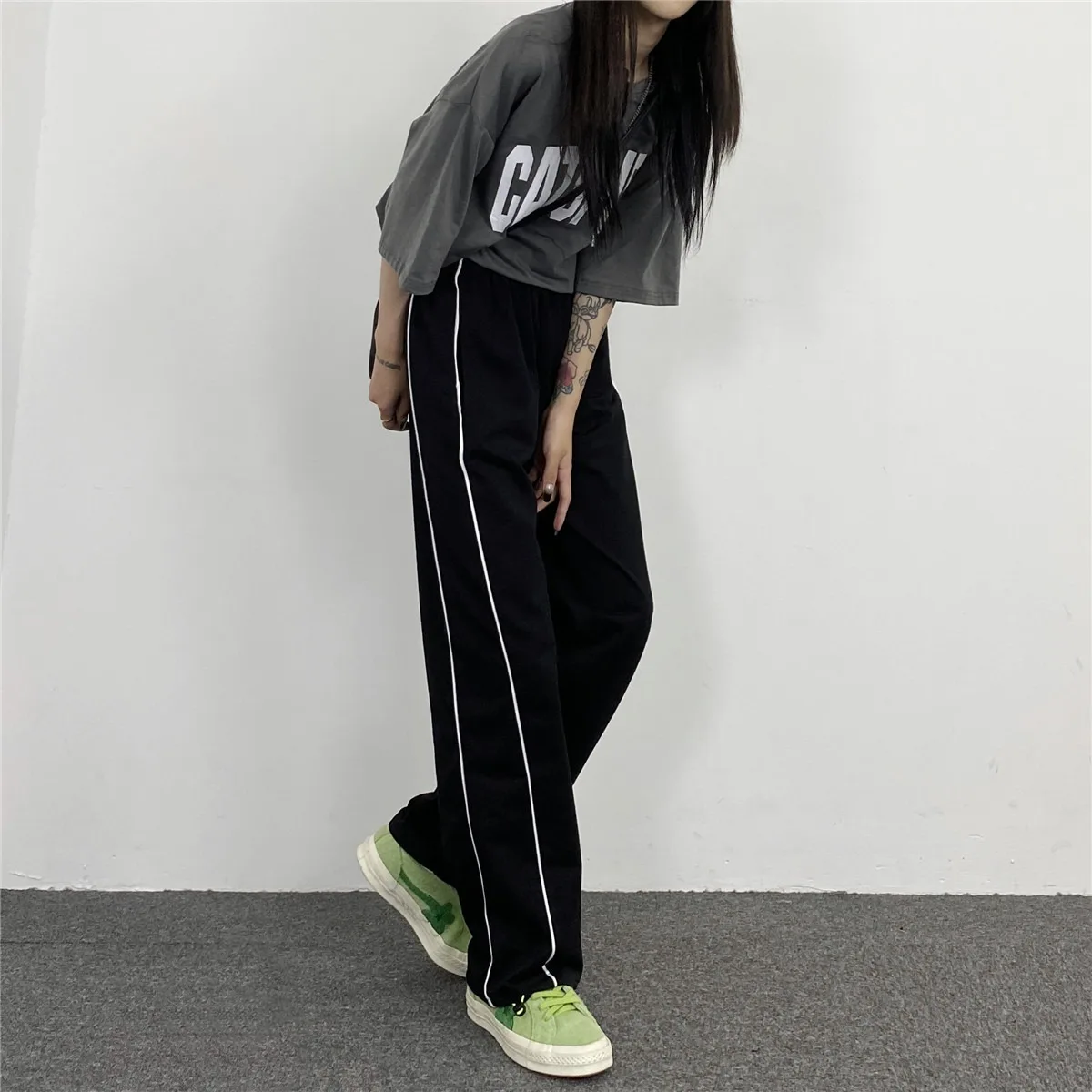 

Korean Autumn Versatile Splice Drawstring Wide Leg Sweatpants Loose Straight Casual Pants Floor Pants