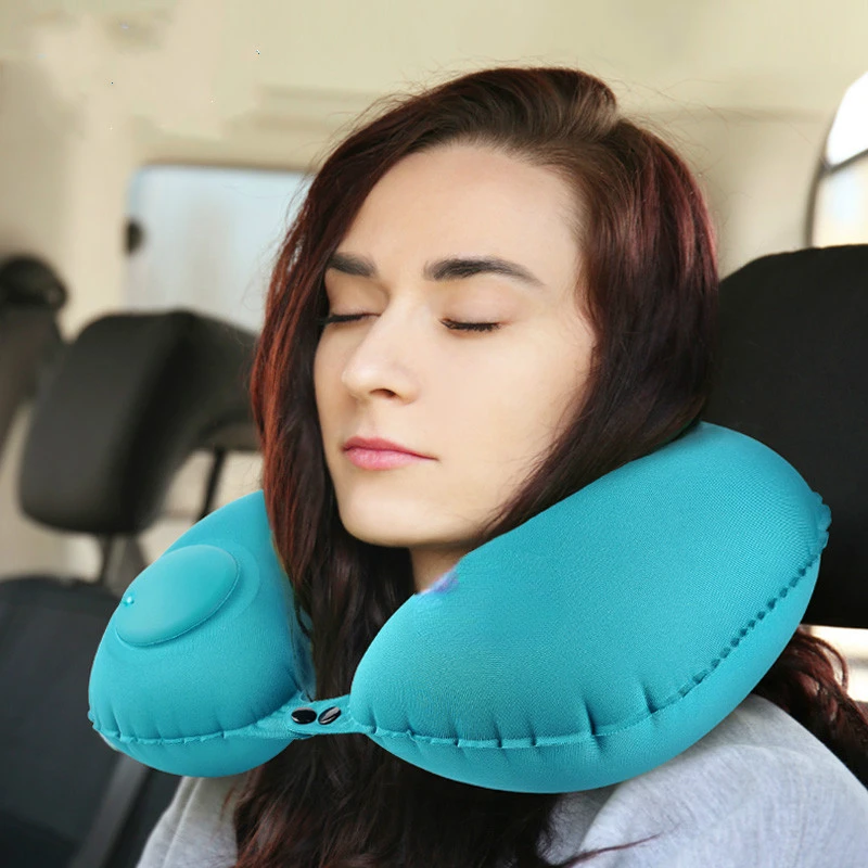 

U-Shape Travel Pillow Automatic Air Inflatable Airplane Car Pillows Ring Pillow Folding Press Type Bed Pillows Neck Cushion