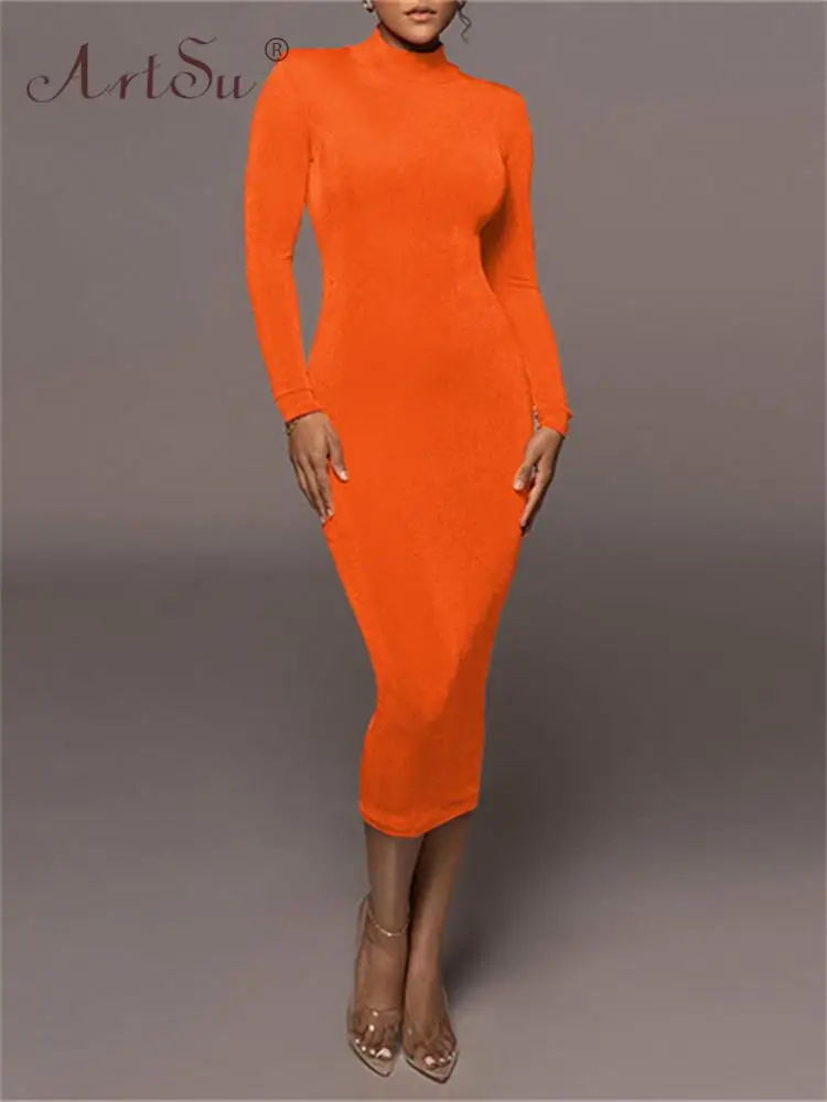 

ArtSu Turtleneck Long Sleeve Midi Dresses for Women Fashion Winter Clothes 2022 Elegant Sexy Bodycon Dress Lady Party ANDYDR1909