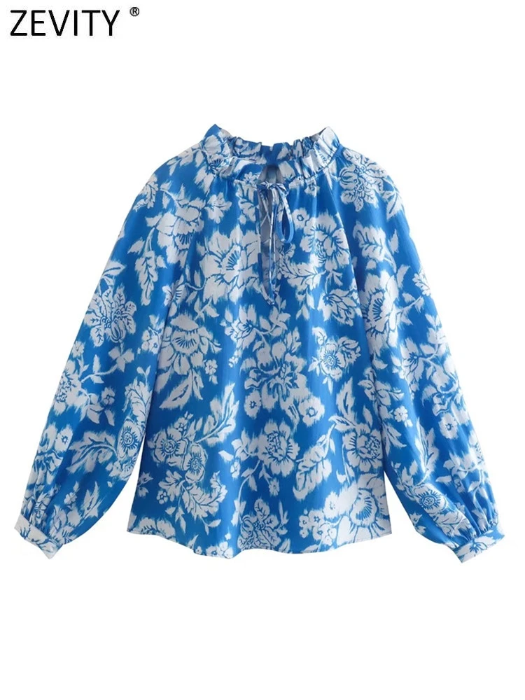 

Zevity Women Vintage Stand Collar Blue Floral Print Loose Smock Blouses Lady Chic Agaric Lace Up Shirt Blusas Tops LS10126