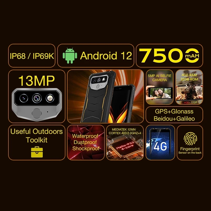 4G Smartphone Hotwav T5 Pro IP68 Android 12 MTK6761 Mobile Phone 4GB 32GB Cellphone 7500mAh 13MP Rear Camera NFC Rugged