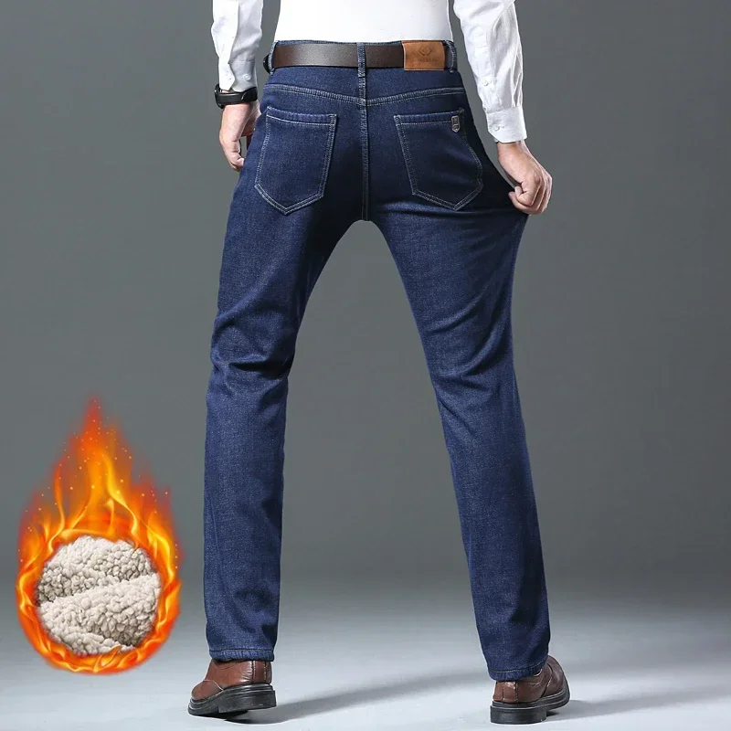 Зимние Мужские Толстые Джинсовые Брюки На Флисовой Подкладке Деловая