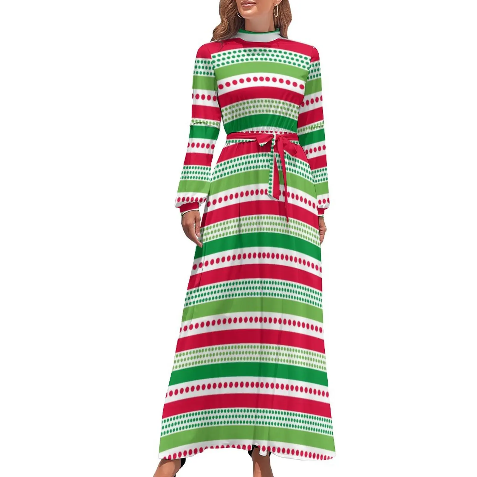 

Polka Dots And Stripes Dress High Waist Christmas Print Bohemia Dresses Long Sleeve Aesthetic Long Maxi Dress Kawaii Clothes