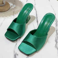 2022 new silk womens exotic style transparent high heels slippers square toe womens sandals