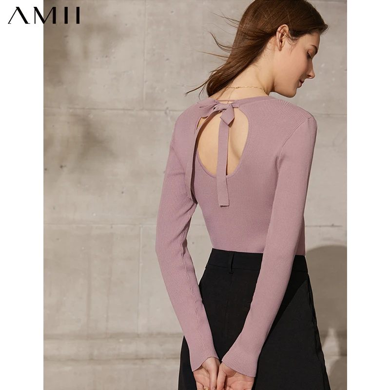 

Amii Minimalism Spring Causal Sweaters For Women Offical Lady Oneck Solid Slim Fit Lace Up Women's Sweater Tops 12140252