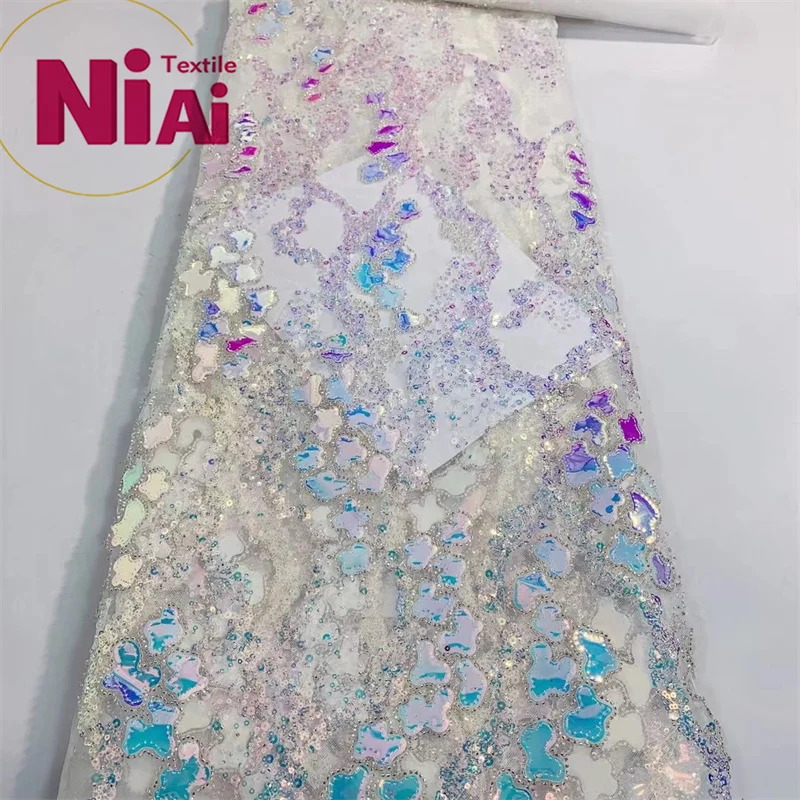 

Hand made Beads Fabric for African Woman Dress Matrial 5Yards/lot Hot Sale Lace for Party Wedding Dress Sewing Bridal Dress