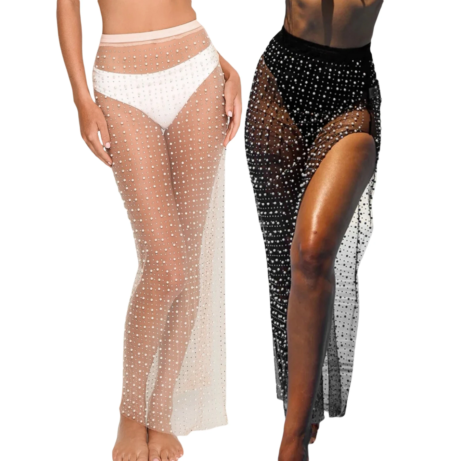 

Women Boho Cover Up Skirts High Waist Pearl Beaded Solid Color See-Through Beach Long Skirts