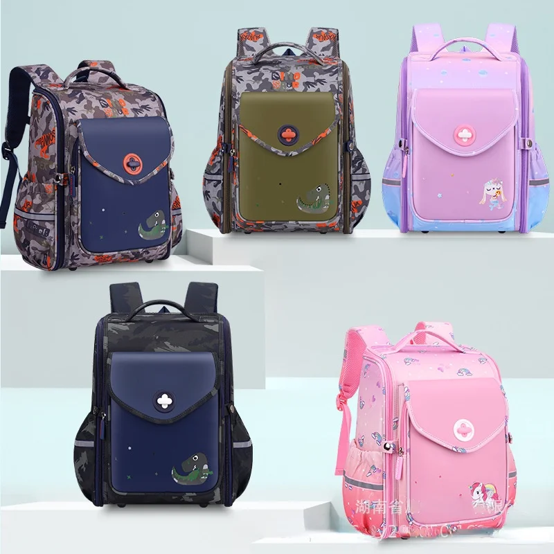 New Primary Children Cartoon Unicorn Dinosaur Backpacks Grade 1-6 Cute Girl Boy Breathable Fashion British Style PU Schoolbags