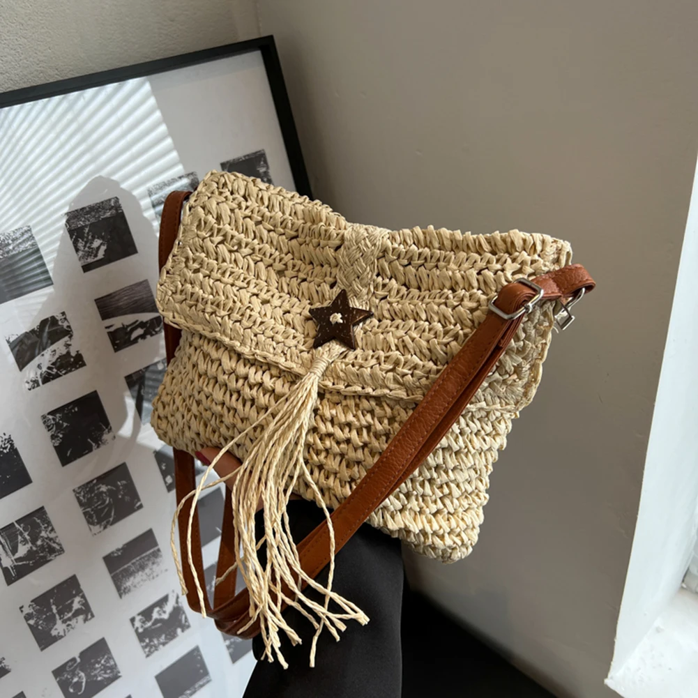 

Модная повседневная женская сумка с бахромой и звездами, летняя плетеная Сумка через плечо ручной работы