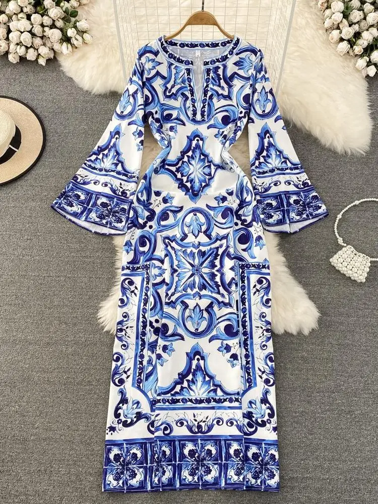 

Fashion Designer Summer Dresses Faldas Women Batwing Sleeve Blue and White Porcelain Printing Bohemian Vacation Maxi Dress
