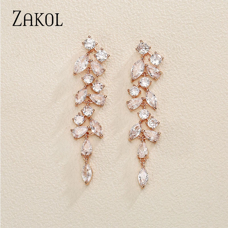 Украшения Женские ukol с фианитами длинные в форме листьев для невесты EP5327