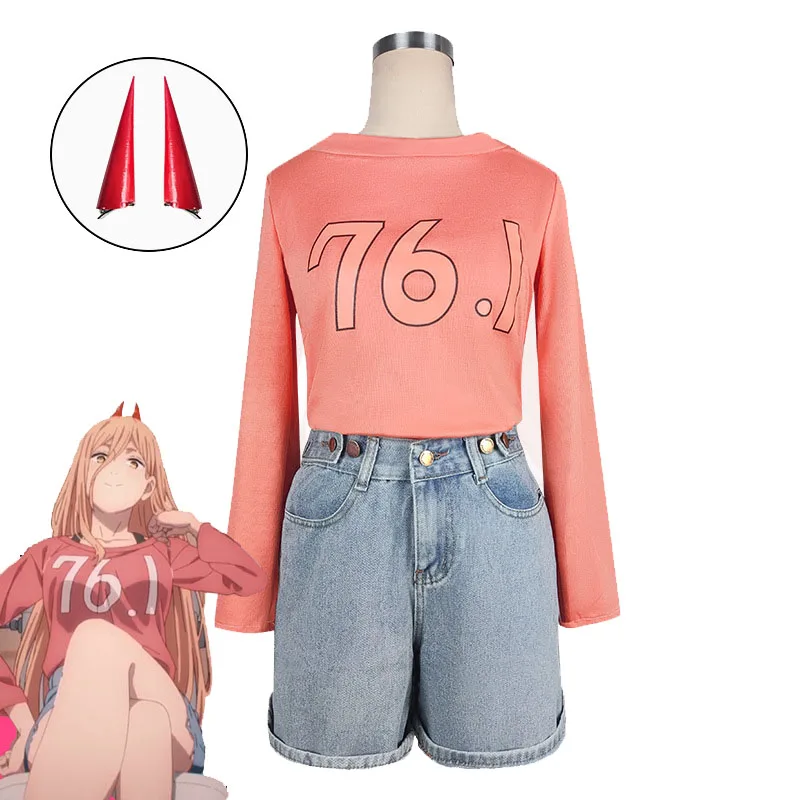 

Anime Chainsaw Man Power Cosplay long-Sleeve T-shirt And Denim Shorts Blood Demon Headwear Halloween Carnival Costume