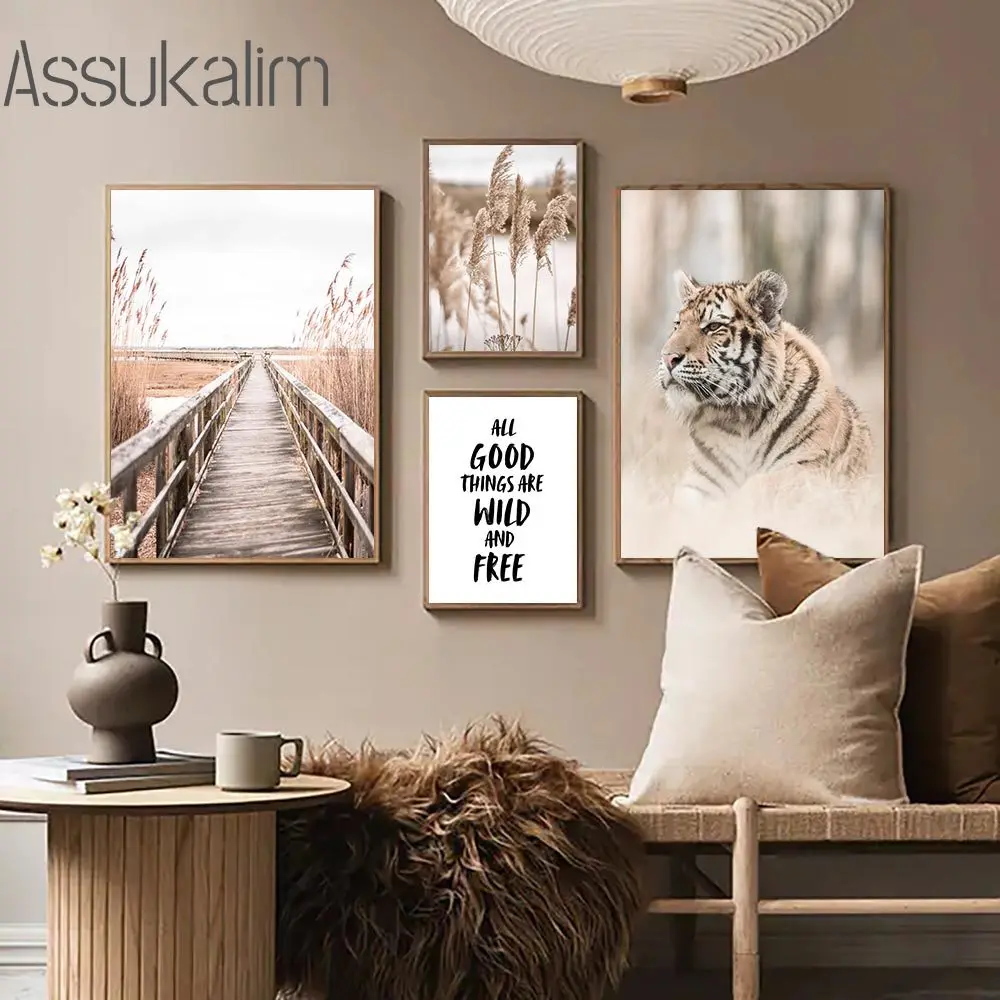Tiger Wall Pictures White Horse Art Posters Reed Landscape Canvas Painting Scandinavia Living Room Decor |