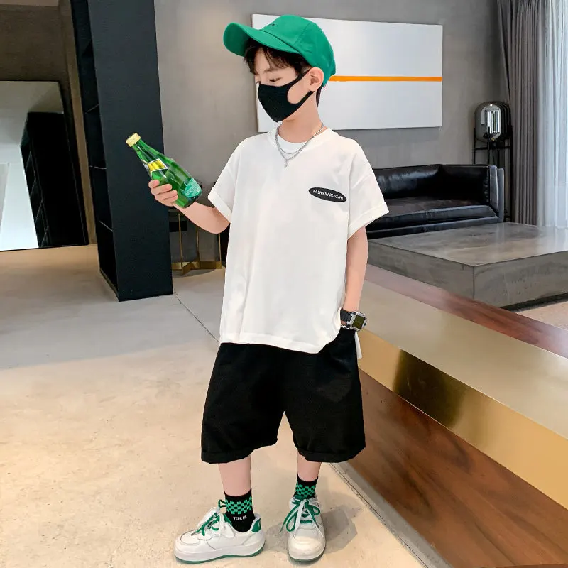 Loose Style Big Boys Clothing Set For Summer 2022 New Fashion Casual O-Neck Print Two Pieces Sport Suit Cotton Teenager Clothes