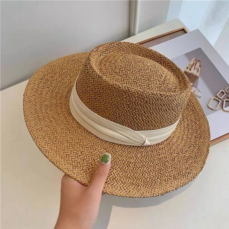 

2022 Straw Hat Women Summer Ladies Handmade Natural Beach Hat Fashion Concave Flat Protetion Visor Sun Hats Men Panama Cap