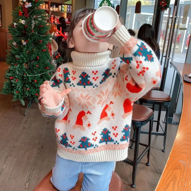 

Girls' Sweater New Thickened Pullover Baby Winter Warm High Collar Children's Knitted Sweater Girls Sweater