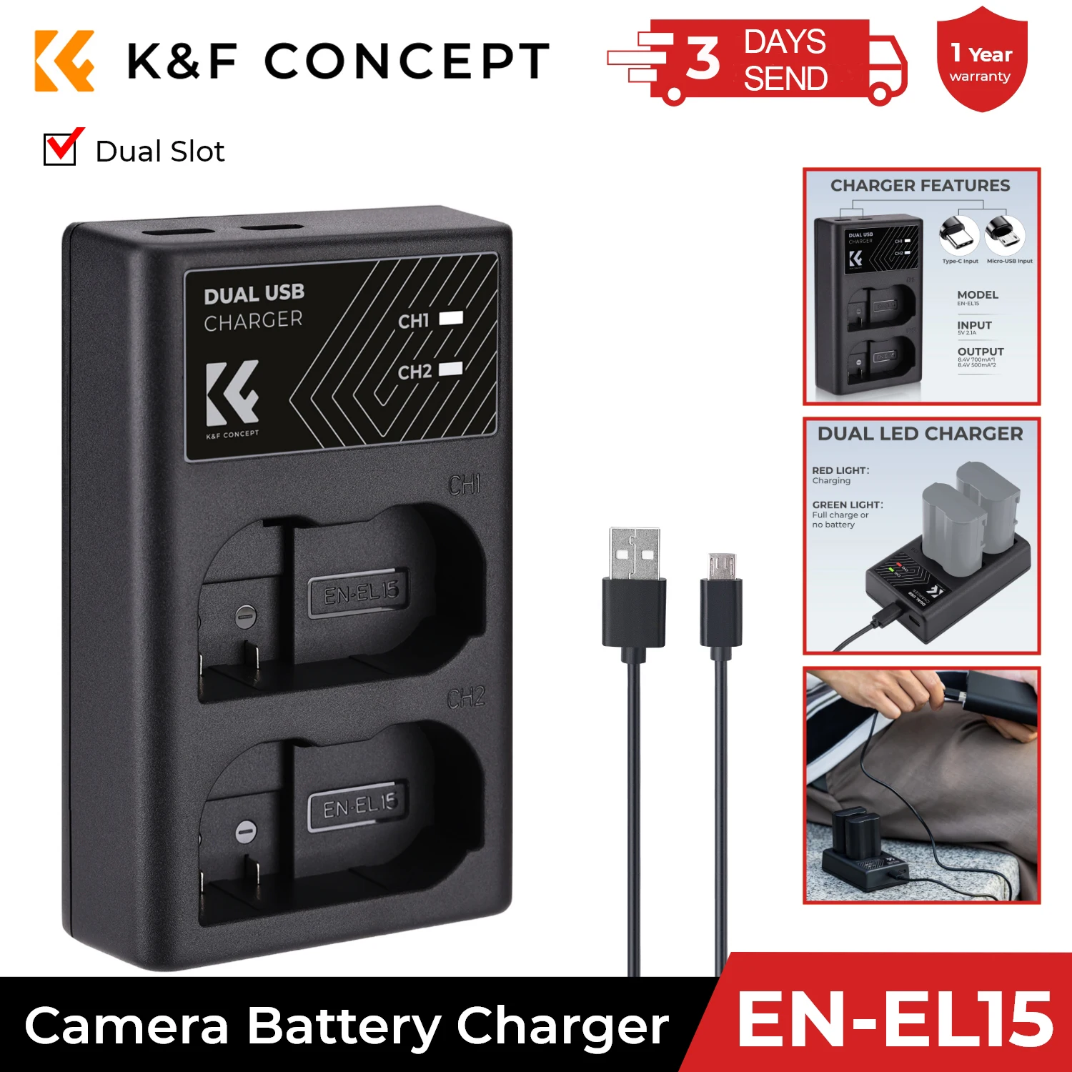 Зарядное устройство K&ampF Concept EN-EL15/EN-EL15A/EN-EL15B с двумя слотами для камеры Nikon D7000 D7100