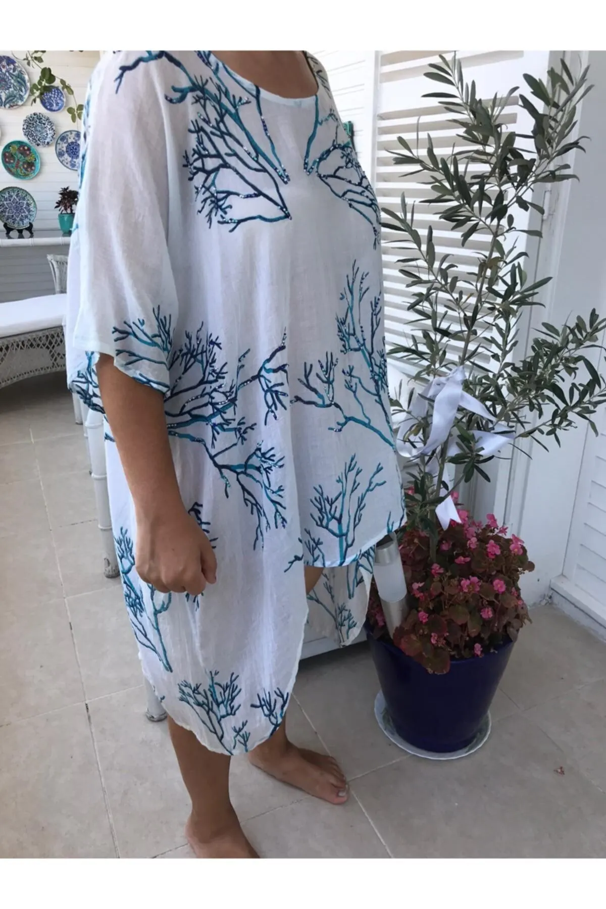 

Women's Pareo Blue Coral Printed And Pearl embroidery Dress Swimwear Cover Up Dress Sexy Tunic Suit Beachwear