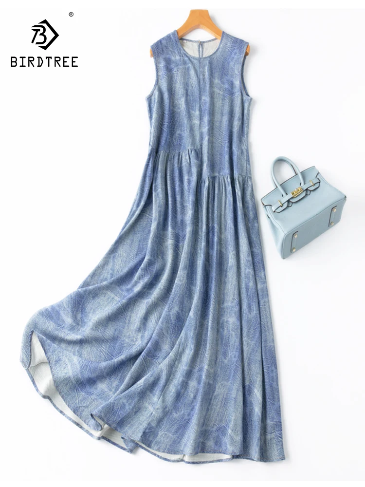 

Birdtree 70%Mulberry Silk 30%Cotton Women Maxi Dresses Sleeveless Printed Beach Dress 2023 Spring Summer Casual Clothes D37722QC