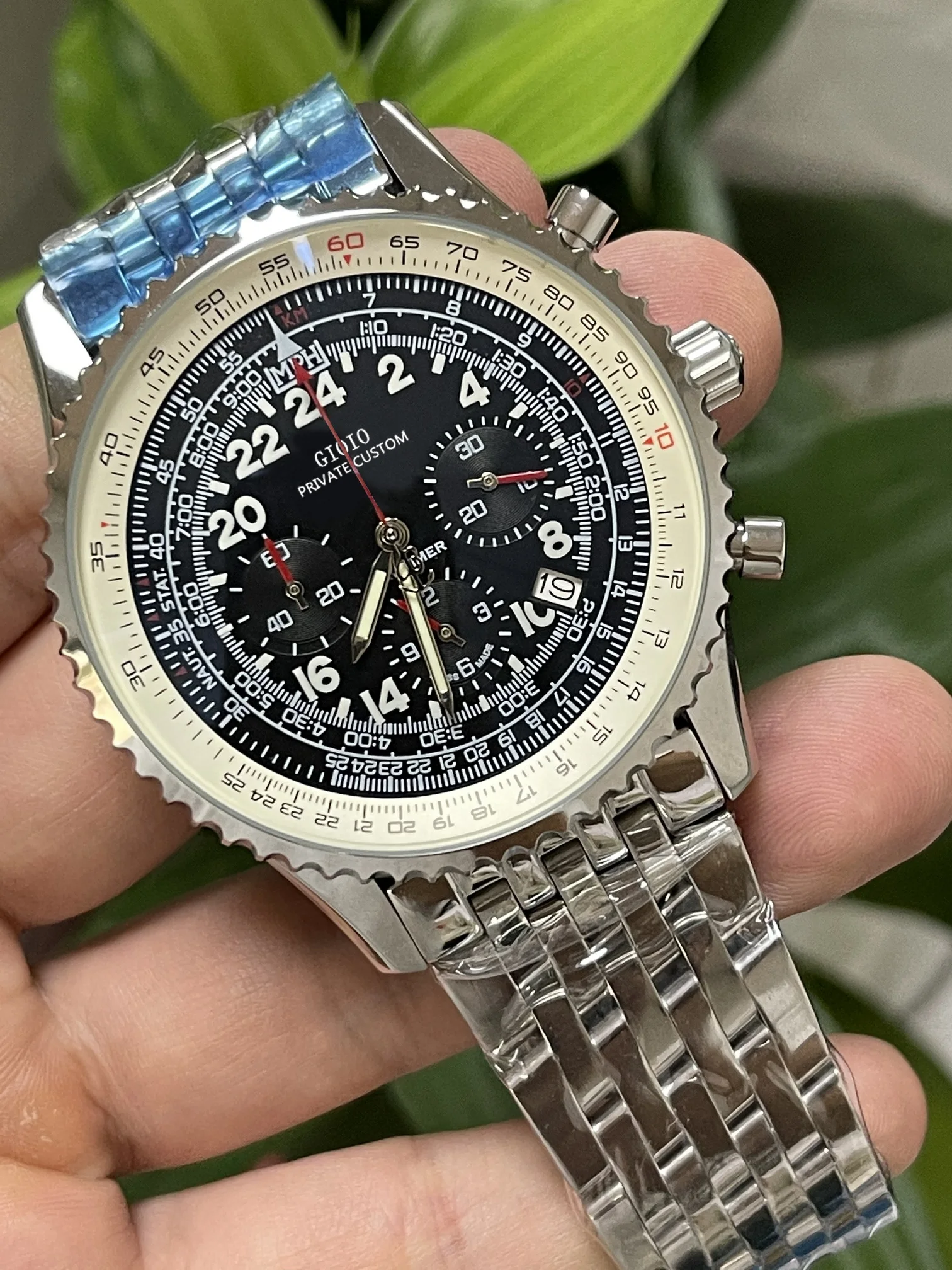 

Mens Quartz Chronograph Watch Black Blue Leather Luminous