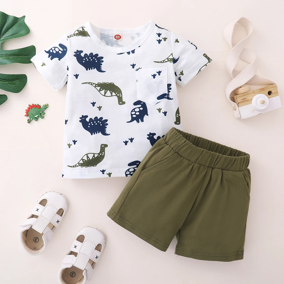 

3-24 Months Toddler and Baby Summer Short Sleeve + Shorts Two Piece Set Baby Boy Summer Animal Doodle Pattern Casual Suit