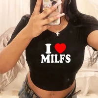 I Love Milfs Red Heart Print Women Cropped Top Aesthetic Clothes 90s Grunge Teenage Crop Tops Summer Fashion Streetwear Tshirt