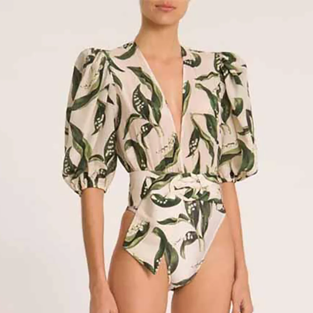 

Женский слитный купальник с глубоким V-образным вырезом и рукавами-фонариками