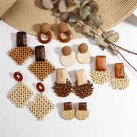 aensoa bohemia handmade rattan knit wood dangle drop earrings for women ethnic geometric pendant earring boho jewelry gift 2022