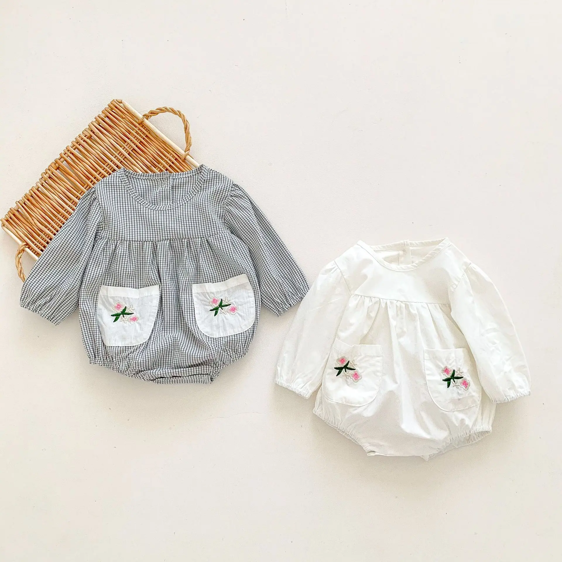 

Embroidered Pocket Infant Girls Romper Autumn Fashion Plaid Long Sleeves Cotton Toddler Jumpsuit For Girls Clothes Outfits 0-24M